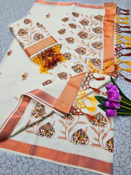 Kerala Cotton Copper Design Saree