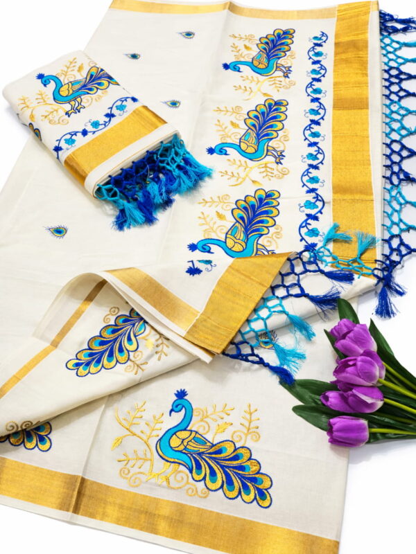 Kerala Saree With Peacock Embroidery